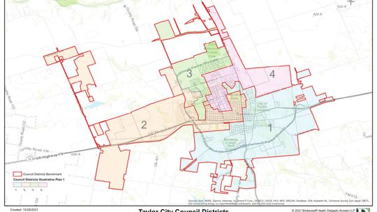 Taylor City Council districts have been realigned to these boundaries. Courtesy graphic / City of Taylor and Bickerstaff Heath Delgado Acosta