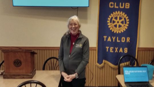 Joan Bohls, a board member and past president of the Rotary’s E-Club Central Texas chapter, was a featured speaker at the regular meeting of the Rotary Club of Taylor Dec. 29. Both chapters are partnering together to fund an oxygen regeneration plant in Liberia. Courtesy photo by the Rev....