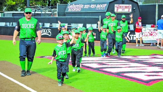 The 6U Taylor Ducks youth baseball team has its players and coaches introduced on the field July 19 at the 2023 South Zone Shetland World Series held in Youngsville, Louisiana. Photos courtesy of Jake Ness