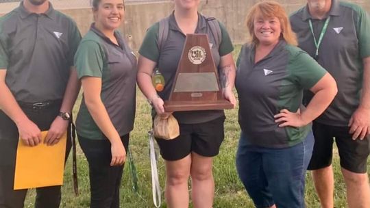 The Taylor High School Band and Color Guard recently picked up another win in UIL Region 26. They will now advance to Area D. The competition will be held Oct. 29 in Liberty Hill. Celebrating the win are (from left) Jared Perry, Brianna Perry, Emily Gazeley, Marcie Svatek and David Motl. 