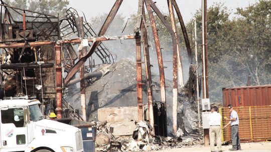 The Bartlett fertilizer plant caught fire Sunday night around 8:30. Multiple crews responded to the three-alarm blaze. However, the structure was considered a total loss. Photo by Hunter Dworaczyk