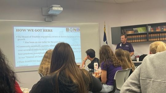 Superintendent Tommy Hooker discusses Thrall Independent School District’s bond proposals with the high school and middle school student councils prior to Election Day May 7. Student leaders asked questions and learned more about the bonds. Facebook / Thrall Independent School District