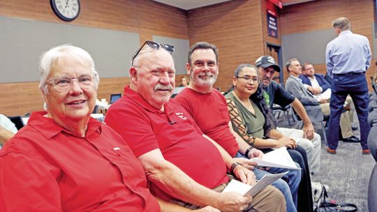 Ida Weaver (left), Jim Weaver, Aaron King, Cristina Garza and Chris Tipton, members of Hutto Community Watch, attended the council meeting. The organization supports a no new revenue tax rate. Photo by Edie Zuvanich