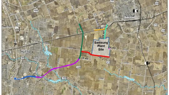 Williamson County government has released this map of relevant road projects near the construction of a planned Samsung Austin Semiconductor plant southeast of Taylor. The red line denotes where a future county road is planned for construction. Courtesy graphic / Williamson County