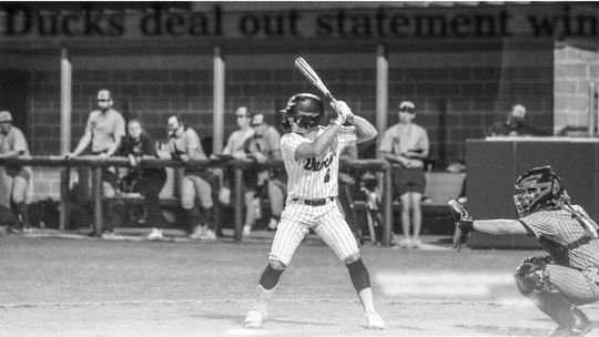 Ducks junior Devin Valdez standing in the batter’s box awaiting the pitch. Courtesy photo