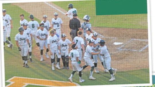 LEFT: Taylor High School varsity baseball junior Chris Perez is swarmed by his teammates on Wednesday, May 31 after hitting a two-run home run in Game 1 of the regional finals vs. China Spring High School at Baylor Ballpark in Waco.