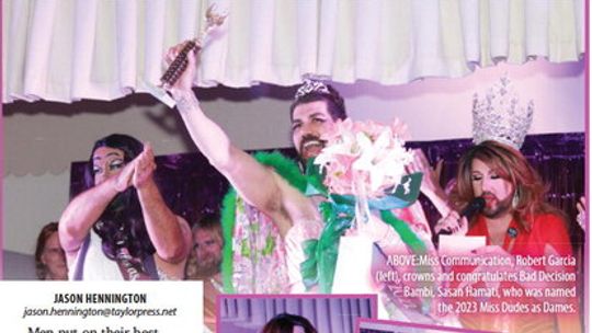 ABOVE:Miss Communication, Robert Garcia (left), crowns and congratulates Bad Decision Bambi, Sasan Hamati, who was named the 2023 Miss Dudes as Dames.