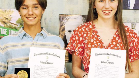 The American Legion Graham D. Luhn Post 39 provides an annual scholastic excel award to the top boy and top girl of each eighth-grade class. This year’s recipients are Ben Bachmayer and Callie Kloppe. Photo by Jason Hennington