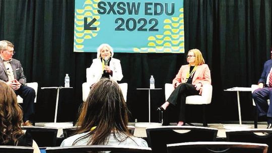 Hutto ISD Superintendent Celina Estrada Thomas (second from left) served as a panelist at the SXSW EDU to discuss Hutto ISD’s demographic trends. Photo courtesy of the Hutto ISD Facebook page