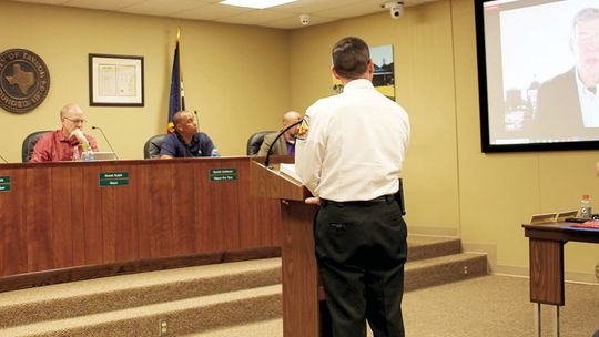 Chief Baum discusses the Fire Services Master Plan with Citygate consultant Stewart Gary at the Feb. 22 special meeting. Photo by Nicole Lessin