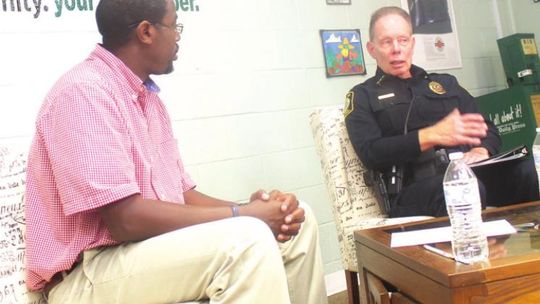 Chief Henry Fluck (right) talks with Taylor Press’ publisher about the Taylor Police Department during “Taylor Talk with Jason Hennington” Feb. 14 on Facebook. Photo by Fernando Castro