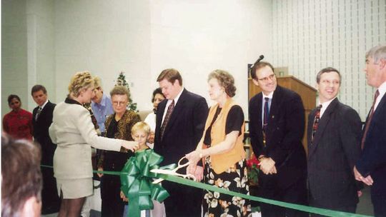 A ribbon cutting ceremony for Pasemann Elementary in the Fall of 1998 with (Center) Taylor ISD communications liaison Tim Crow, the late school counselor Naomi Pasemann, and former Taylor ISD Superintendent Gary Patterson. Courtesy photo Taylor ISD