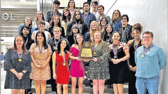 Hutto Theatre students and directors pose with the awards they won at Temple High School. Photo courtesy of Hutto Theatre.