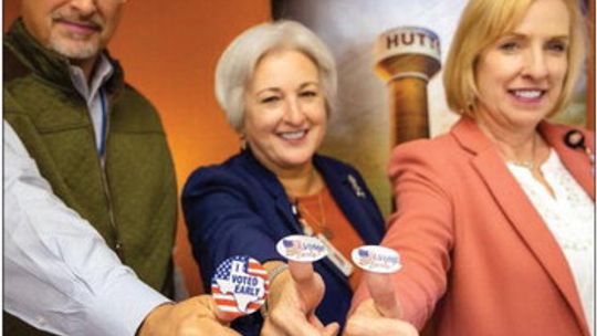 (From left) Assitant Superintendent of Operations Henry Gideon, Superintendent Celina Estrata-Thomas and Assistant Superintendent of Human Resources Cara Malone show off their early voting stickers to encourage everyone to go out and vote. Facebook/Hutto ISD