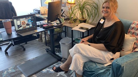 Lesa Cantrell, Hope’s vice president of resource development, pauses during a Zoom call with CEO Richard M. Brown May 31. Photo by Nicole Lessin