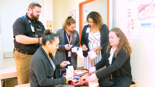 Safety officers, nurses and mental health professionals (from left) Zach Willard, Lead Campus Safety Officer. Stephanie Elquist, LVN, Hutto High School nurse. Kendra Estes, HISD Director of Health Services. Sahira James, RN, Hutto High School nurse. Julie Steed, LPC, LCDC, Licensed Mental...