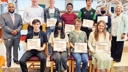 Hutto High School’s top 10 seniors of the 2022 class are pictured on the morning of being treated to breakfast by the school district May 23. Pictured with Principal Jonathan Smith and Superintendent Celina Estrada Thomas are Damien Wilson, Renin Kottaviruthil, Hannah Laurence, Eva Nguyen,...