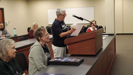 Allison Tangeman speaks at the Oct. 17 regular meeting of the Taylor Independent School District Board of Trustees on behalf of Moms for Liberty. Photo by Nicole Lessin