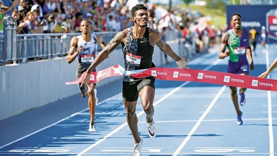 Former Taylor High School star Fred Kerley crosses the finish line in first place in the men’s 400-meter dash on July 27, 2019, at the Toyota USA Track &amp; Field Outdoor Championships held in Des Moines. Courtesy photo