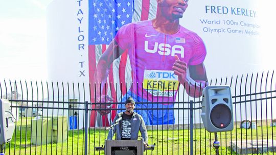 Fred Kerley thanks the Taylor community on Feb. 4 for its support of him and his family at the mural dedication. Photo by Jason Hennington