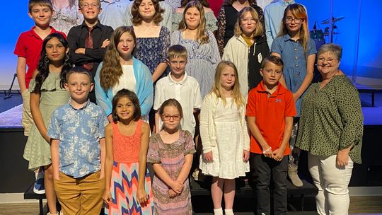 The group includes Elsa Anderson, Makenna Collier, Demi Dahlberg, Solomon Eiben, Sophia-Rae Eiben, Vivian Eiben, Juliette Havens, Hudson Luedtke, Levi Luedtke, Allison Mahmood, Luke Manuel, Nicholas Martinez, Olivia Martinez, J. D. Morgan, Grace Philhower, Adalynn Reed, Emily Reeves, Fen R...