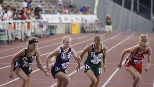 Sarah Beth Laurence of Thrall lines up ready to go in the 2A girls 1600-meter run at the UIL state championships this past Friday, May 13, at Myers Stadium in Austin. 