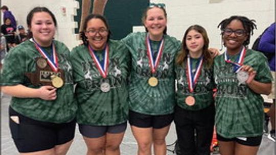 Medalists and award winners pose together for a picture after the meet. Analise Frias ( left), Sophia Plonka, Krista Randig, Zoe Moore, Ri’Queleigh Holmes-Grant Courtesy Photo