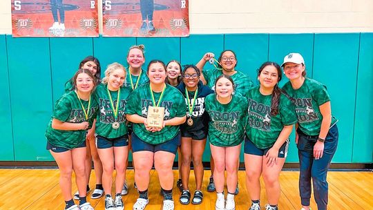 Lady Ducks posing for a picture together after their meet. Lorena Glover (front left), Rylie Dlouhy, Analise Frias, Ri’Queleigh Holmes-Grant, Eliana Aleman, Nicolette Villarreal, Coach Raegan Blackmon, Karina Hall-Albavera (back left), Krista Randig, Vanessa Diaz, Sophia Plonka. Not pictur...