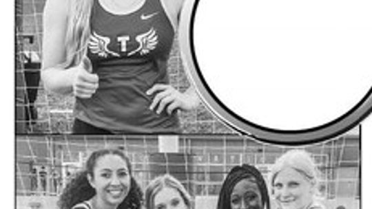 Lady Ducks 4x200 relay team (from left) Azalie Balusek, Zakaya Frederick, Kaleigh Woods, Emma Whitsel taking a picture after winning the district championship. (Top) Emma Whitsel gives a thumbs up after placing first in the pole vault at regionals. Photo By Larry Pelchat