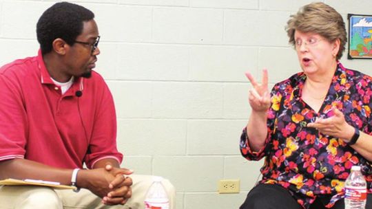 Jason Hennington interviews Karen Ellis during a live stream on the Taylor Press Facebook page May 9. Photo by Fernando Castro