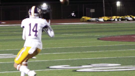 Lions’ junior Trae Herrera catching a pass from senior quarterback Nate Tucker. Photo by Evan Hale