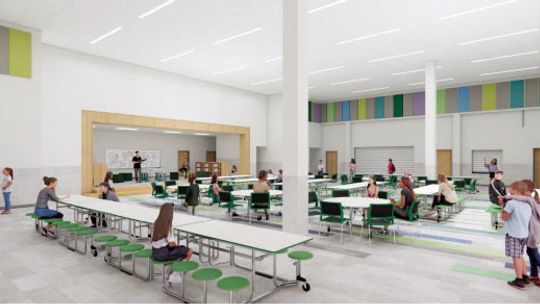 Stantec rendering of what the new Main Street Elementary cafeteria will likely look like. The additions are expected to be completed by July 2025. Photo courtesy of Taylor ISD