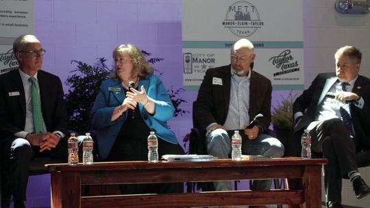 (From left) Brandt Rydell, the mayor of Taylor, Michele Glaze, communications &amp; community affairs head for Samsung Austin Semiconductor, Bryan Bracewell, Southside Market &amp; Barbecue owner, and Chris Cervini, Austin Community College’s vice chancellor for community affairs, discuss...