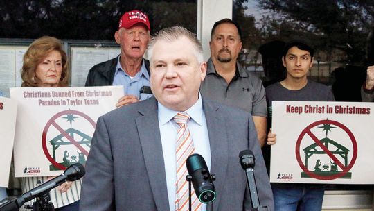 Local pastor Shane Allen, a member of the Taylor Area Ministerial Alliance, spoke during a press conference prior to the Taylor City Council meeting Thursday night. Photo by Jason Hennington