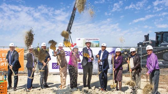 Hutto elected officials along with representatives from Ovivo throw dirt in a traditional groundbreaking event March 9 in the Titan Innovation Business Park.