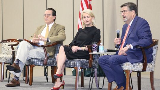 (From left) Dale Craymer, Stephanie Matthews and Tony Bennett speak about the chapter 313 agreement in Williamson County at the Sept. 7 Summit. Photo by Jason Hennington