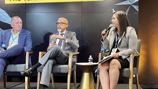 Temple College President Dr. Christy Ponce spoke Sept. 23 alongside Dr. Gregory Williams, president of Odessa College (center), and Todd Williams, founding chair and CEO of The Commit Partnership (left) at the 2022 Texas Tribune Festival in Austin. Courtesy Photo by Eric Eckert