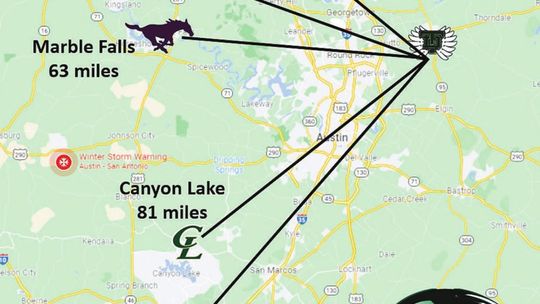 All of Taylor’s football district opponents will be located west of I-35 with the new realignments. Graphic by Matthew Hooks / Map: Google Maps