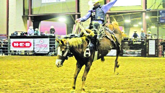 Rodeo contestant competes in saddle bronc riding event in a previous rodeo. In the contest, the participant must stay on the horse for eight seconds without touching the animal with their free hand. Photo from Staff Files