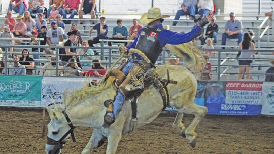 Reginald Lecourt scored an unofficial 77 in his bronc ride to kick off the rodeo events at the 72nd annual Taylor rodeo on Thursday, July 14. Photo by Matt Hooks