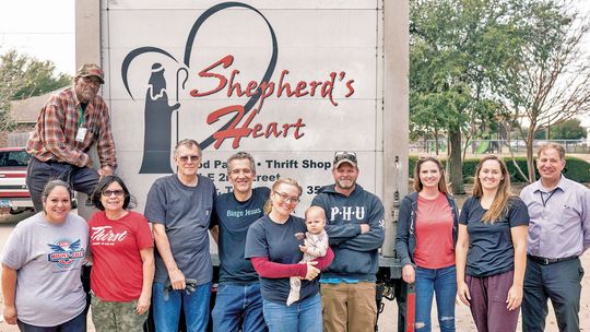 Members of the Church of the Latter-Day Saints delivered 24 pallets of non-perishable foods to the Shepherd’s Heart truck. Helping were members (from left) Amanda Lutz, Elis Nevins, Ed McGowan, Amanda Bostick, Mark St. Clair, Carolyn Wilcox, Sheri Poll and Dave Kezell. Standing on the truc...