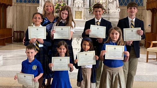 St. Mary’s Virtue of the Month winners are Charlie Lawrence, Teresa Salazar, Aby Mendoza-Duque, Gianna Jessup, Thomas Decker, Isabella Rodrigues de Melo, Grace Klenzendorf, Joseph Barta and JD Morgan. Courtesy photo