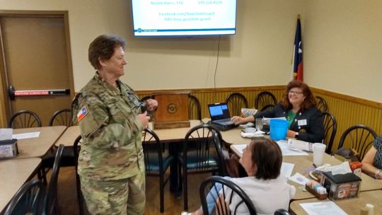 The Rotary Club of Taylor hears from Col. Norine Harris of the Texas Military Department’s State Guard during the Rotary meeting at Sirloin Stockade in Taylor Aug. 4. Taylor’s Rotary Club meets every Thursday at noon at Sirloin Stockade, 3607 N. Main St. Courtesy photo