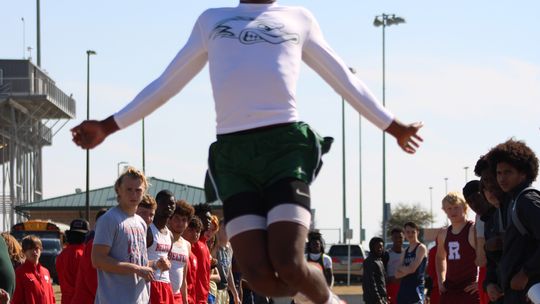 Jarvis Anderson jumps sky high at the 2022 Cotton Boll Relays this past Thursday, March 10. Anderson finished first in the 110- and 300-meter hurdles, 4x400 meter relay and the long jump. He also finished second in the triple jump.