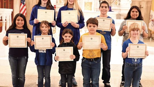 St. Mary’s Catholic School honors their February Virtue of the Month winners. These students exhibit the virtue of charity on a daily basis. Recipients of the awards are Lucy Johnson, kindergarten; Maggie Dodd, first grade; Carter Johnson, second grade; Brienne Huf, third grade; Ellie Tell...