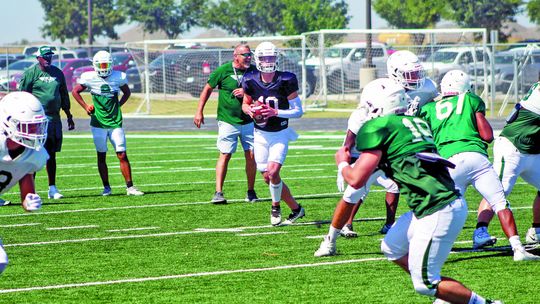 Taylor High School varsity football senior quarterback Joshua Mikulencak reads the defense and looks for an open receiver downfield on Saturday, Aug. 5 during the Duck Day scrimmage held at The Duck Pond.