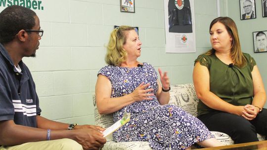 Stacey Osborne (middle) and Kendra Maness, Taylor’s respective communications director and assistant public information officer, talk on “Taylor Talk with Jason Hennington” during their interview at the Taylor Press office July 11. Photo by Fernando Castro