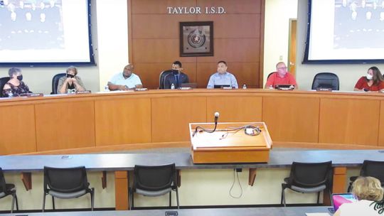 At the Aug. 16 board meeting, Superintendent Devn Padavil (center) discusses Taylor ISD’s response to the COVID-19 pandemic for the 2021-22 school year. YouTube / Jaime Sellers