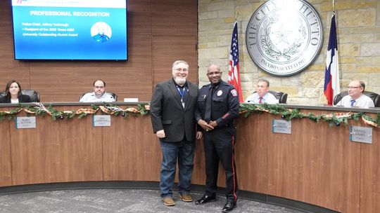 The Hutto City Council recognizes Police Chief Jeff Yarbrough, who was recently named the recipient of the 2022 Texas A&amp;M University Outstanding Alumni Award. Photo courtesy of the City of Hutto