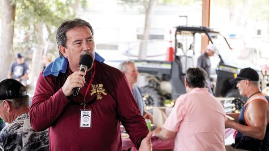 Tim Mikeska, Taylor International Barbecue Cook-off organizer, hypes up judges before the brisket event. Briskets were the last category judged during the Cook-off. Photos by Hunter Dworaczyk